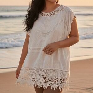 Lane Bryant Cream Embroidered Crochet Lace Trim Boho Top Plus Size 24 Vacation